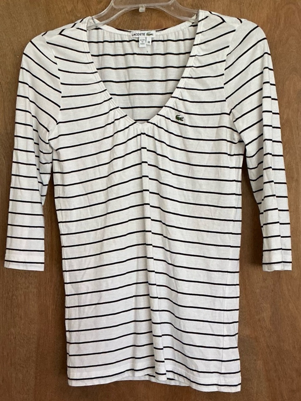 Lacoste Shirt Womens 38 White/ Black V-Neck Slim Fit Logo Top Cotton Modal